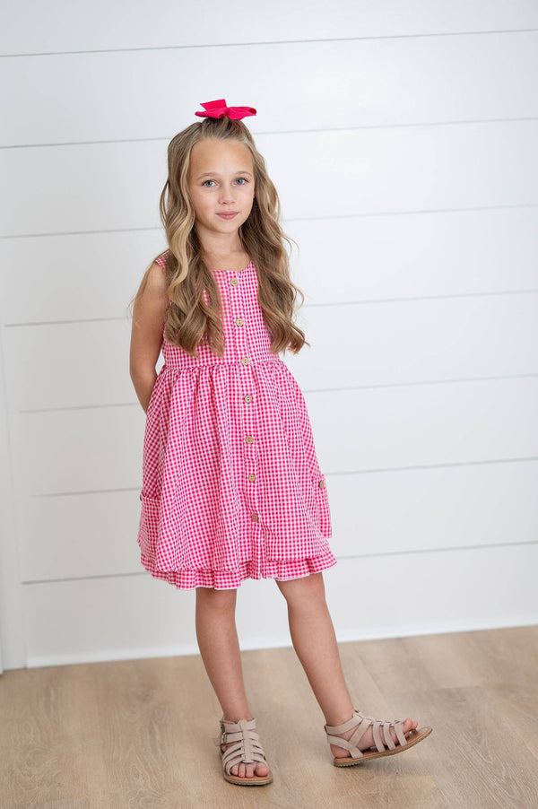 Girls Brooke Hot Pink Gingham Check Pocket Spring Dress