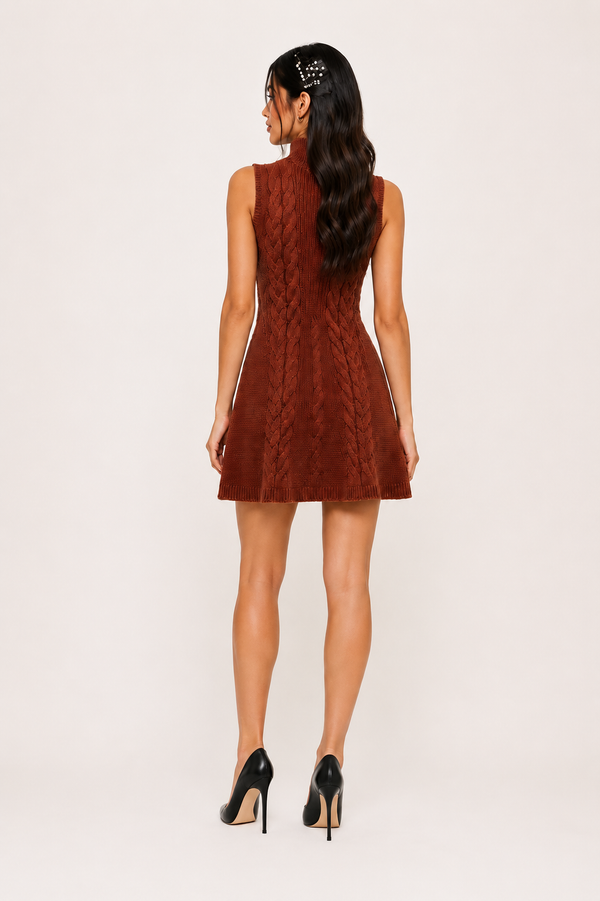 Terracotta Sleeveless Turtleneck Flare Dress