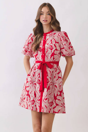 Floral Eyelet Pattern Button Front Mini Dress
