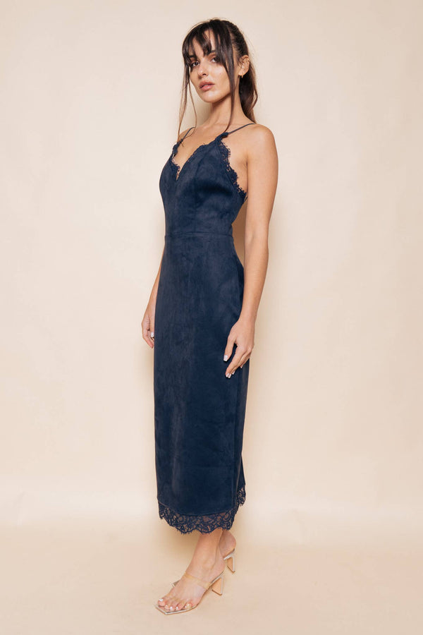 Navy Lace Trim Suede Bodycon Midi Dress