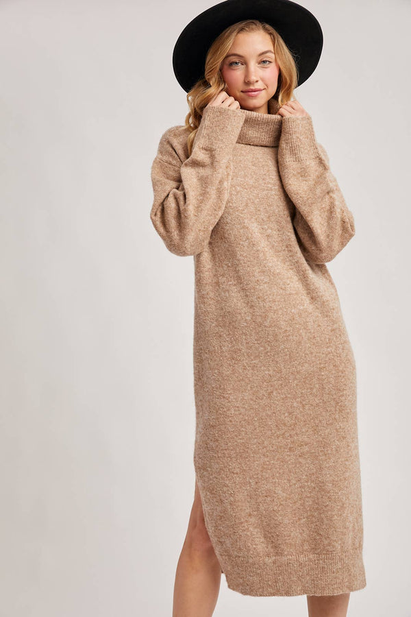 TURTLENECK SIDE SLIT KNIT SWEATER MIDI DRESS