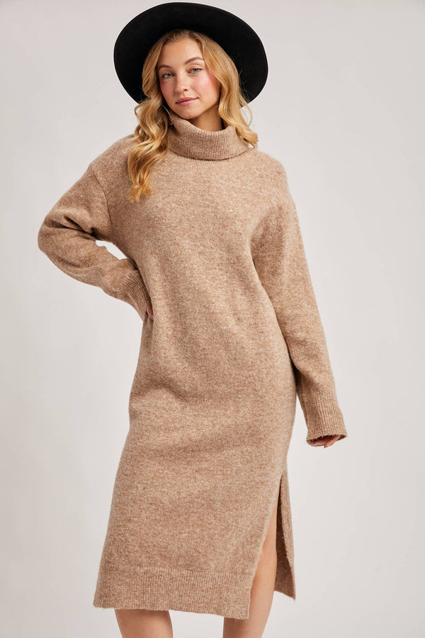 TURTLENECK SIDE SLIT KNIT SWEATER MIDI DRESS