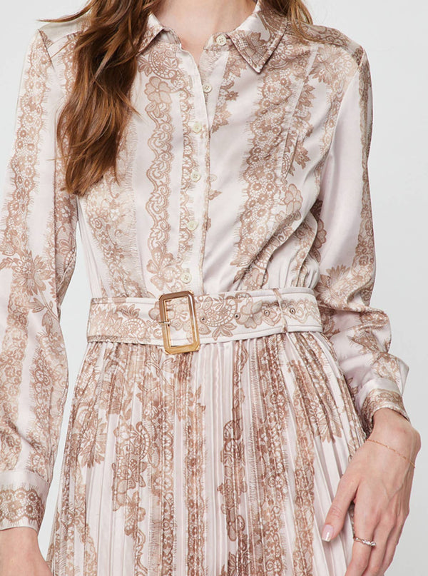 Floral Lace Pleated Midi Shirt Dress