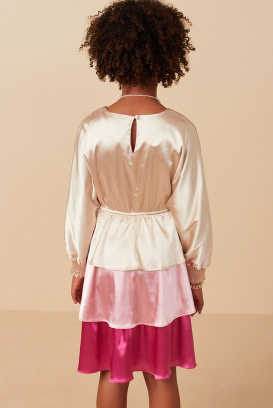 Girls Color Block Tiered Skirt Satin Dress