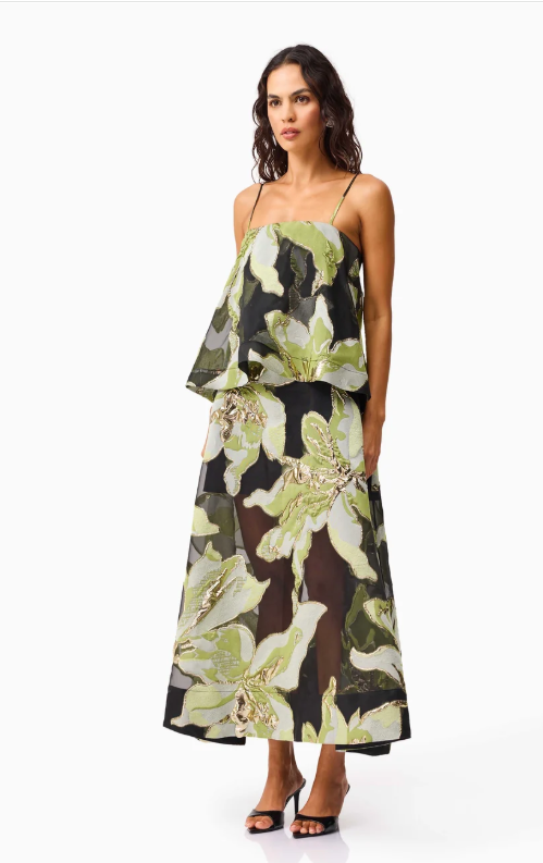 Elysia Tiered Gown in Black & Green Floral