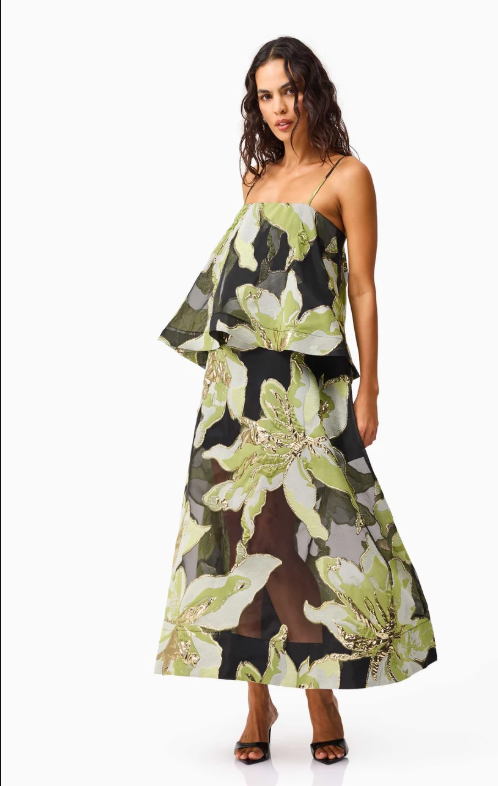 Elysia Tiered Gown in Black & Green Floral