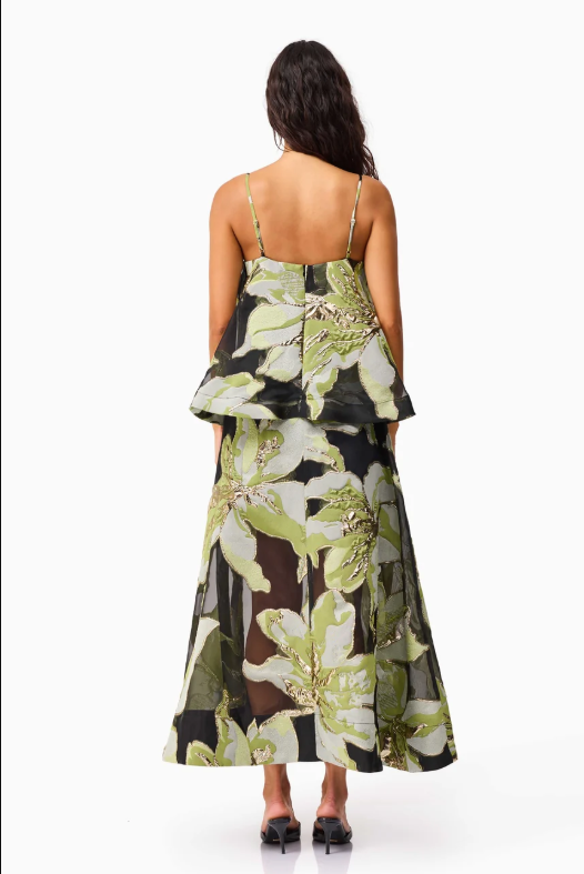 Elysia Tiered Gown in Black & Green Floral