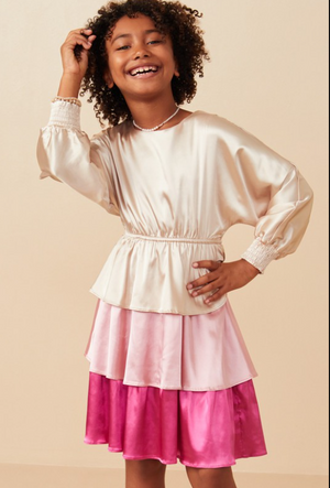 Girls Color Block Tiered Skirt Satin Dress