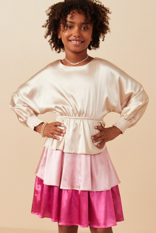 Girls Color Block Tiered Skirt Satin Dress