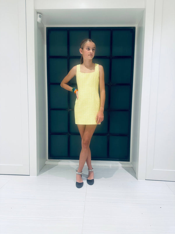 Yellow Square Neck Tweed Dress