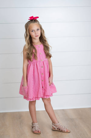 Girls Brooke Hot Pink Gingham Check Pocket Spring Dress