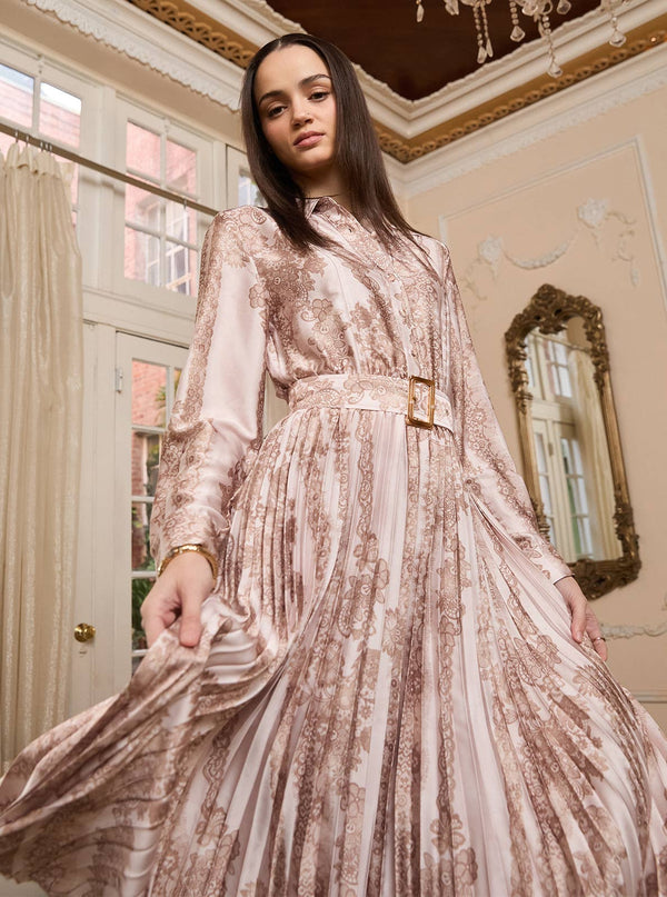 Floral Lace Pleated Midi Shirt Dress