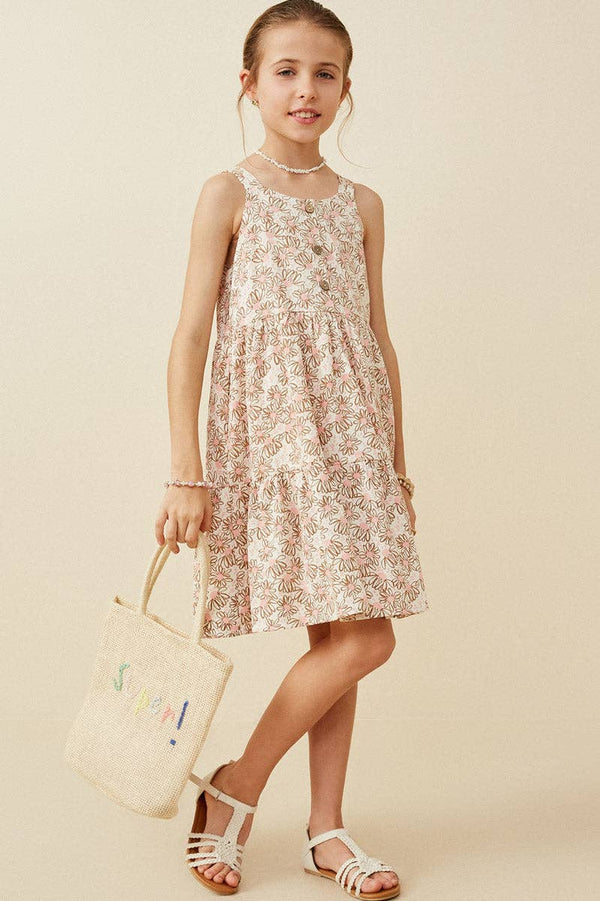 Girls Textured Daisy Print Button Detail Tank Dress