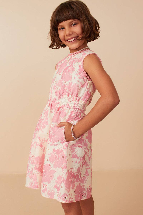 Girls Tonal Floral Print Smocked Waist Lace Trim Dress