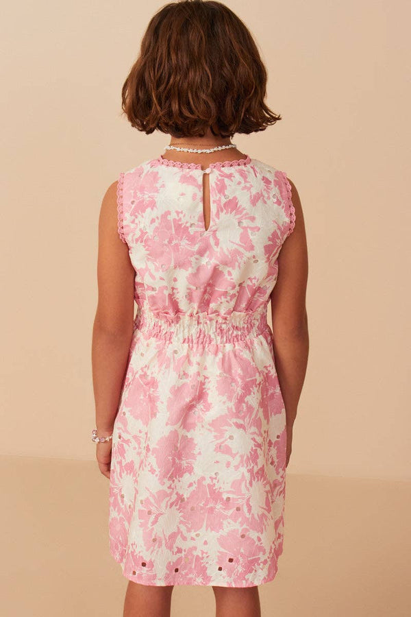 Girls Tonal Floral Print Smocked Waist Lace Trim Dress