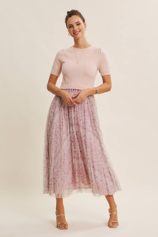twofer midi dress FIELD OF PLEATED WILDFLOWERS SWEATER TWOFER MIDI DRESS M / PINK/LILAC