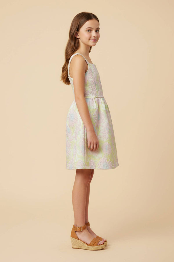 Girls Floral Jacquard Square Neck Sleeveless Dress