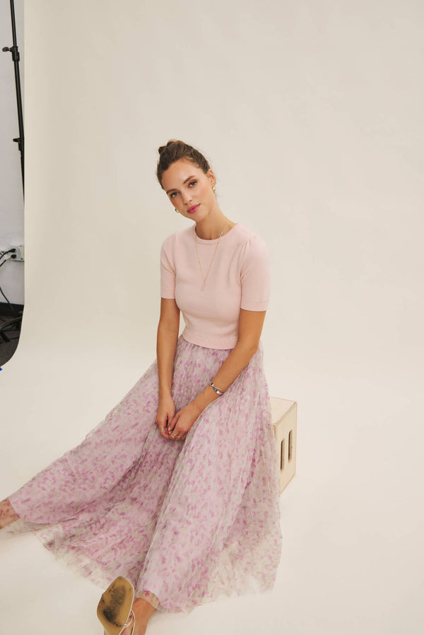 FIELD OF PLEATED WILDFLOWERS SWEATER TWOFER MIDI DRESS M / PINK/LILAC