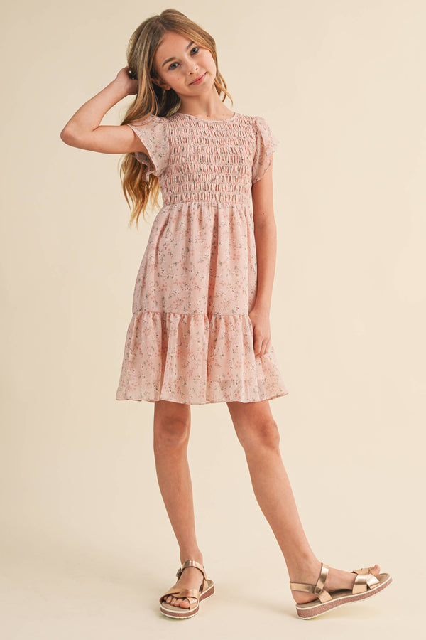 TWEEN KIDS GIRLS SMOCKED FLOUNCE DRESS