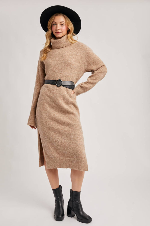 TURTLENECK SIDE SLIT KNIT SWEATER MIDI DRESS