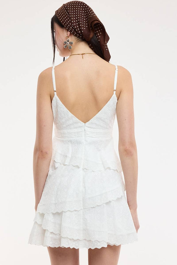WHITE EYELET ASYMMETRIC TIERED LACE MINI DRESS