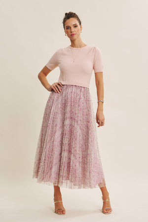 FIELD OF PLEATED WILDFLOWERS SWEATER TWOFER MIDI DRESS
