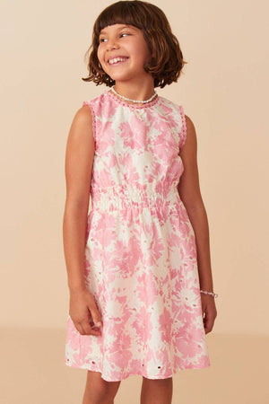 Girls Tonal Floral Print Smocked Waist Lace Trim Dress