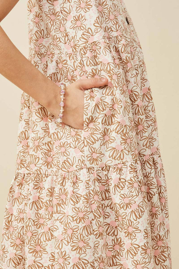 Girls Textured Daisy Print Button Detail Tank Dress