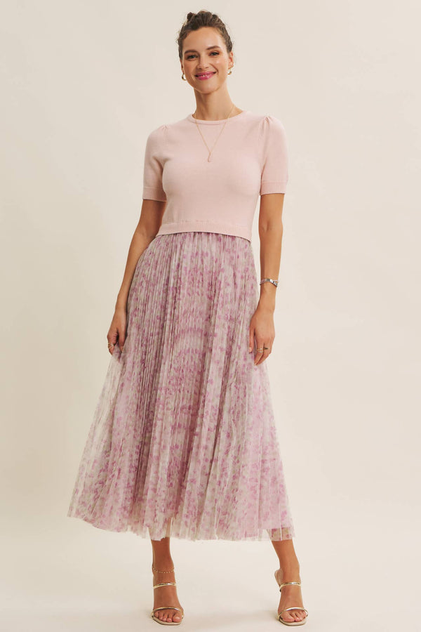 FIELD OF PLEATED WILDFLOWERS SWEATER TWOFER MIDI DRESS