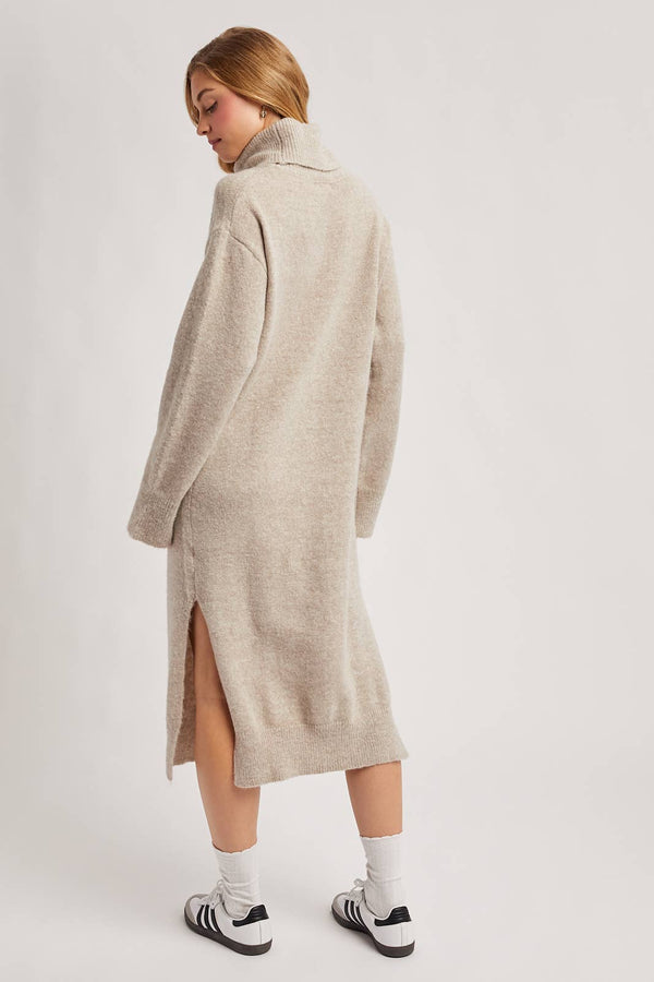 TURTLENECK SIDE SLIT KNIT SWEATER MIDI DRESS