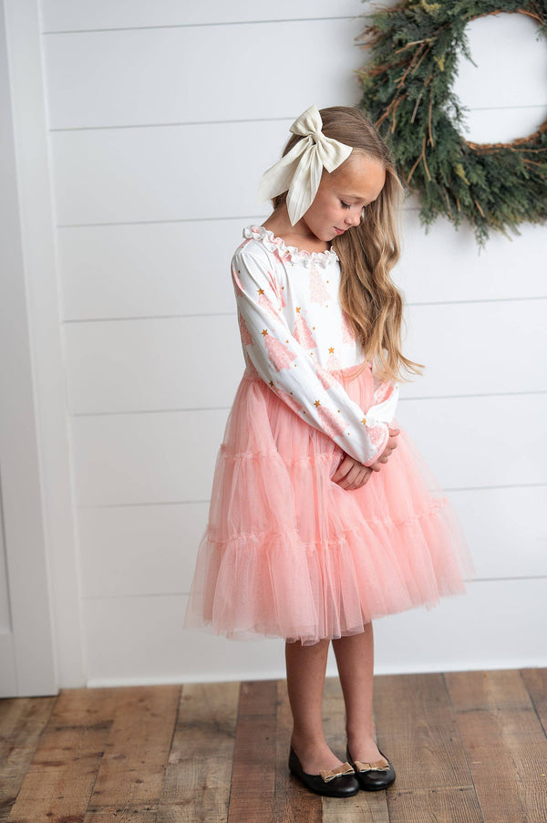 Kids Pink Christmas Tree Tulle Ruffle Holiday Dress
