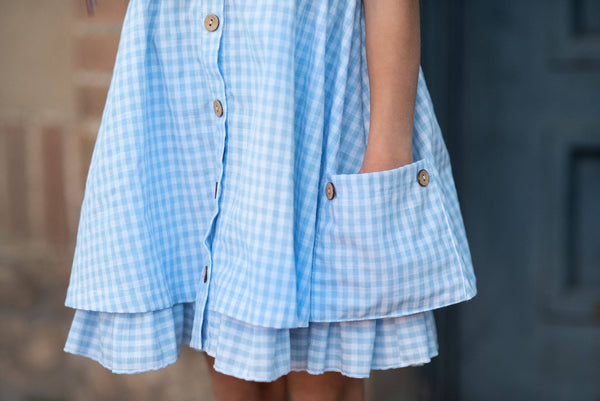 Girls Blue & White Gingham Check Pocket Ruffle Spring Dress