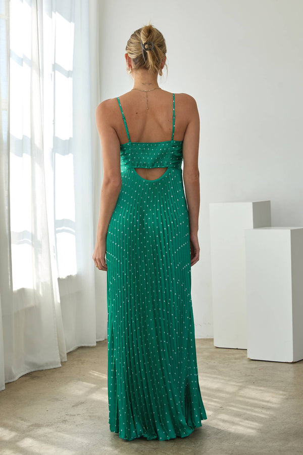 Polka Dot Pleated Midi Dress with Back Cutout