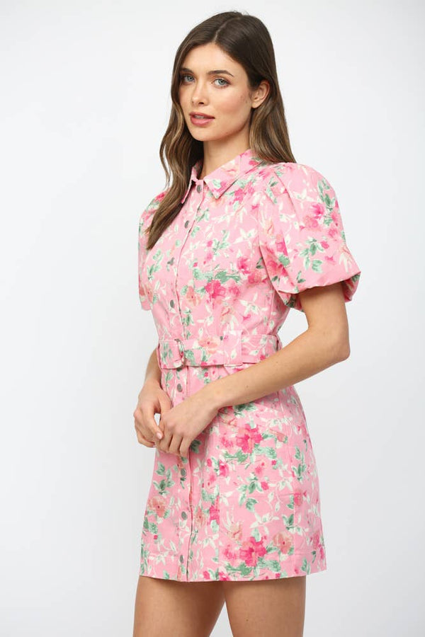 FLORAL PRINT BELTED  BUTTON DOWN MINI DRESS
