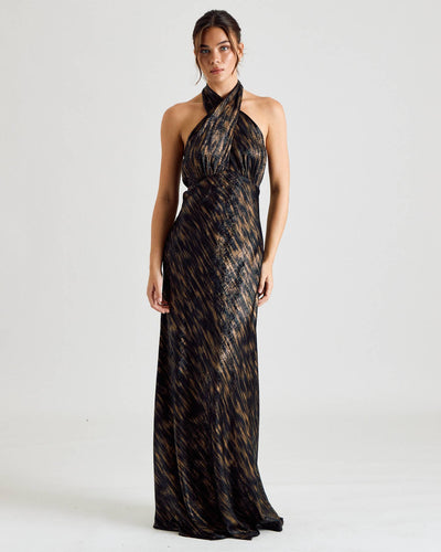 Metallic Cross Halter Maxi Dress