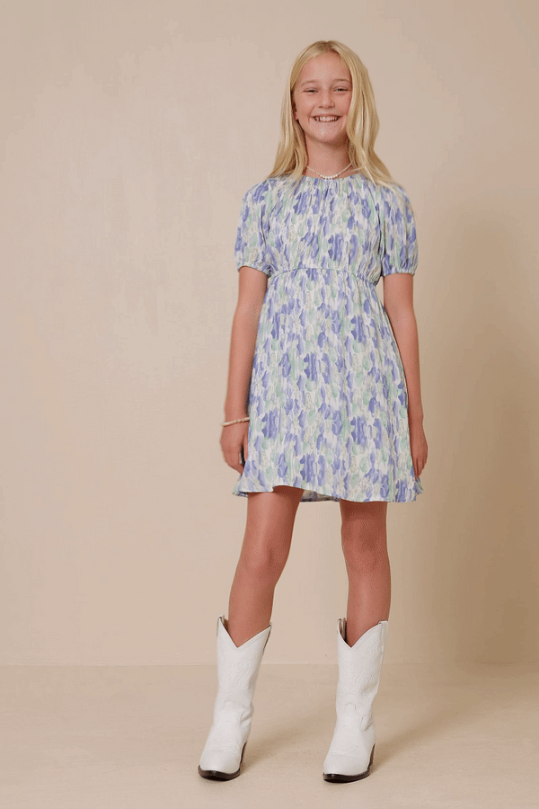 Girls Watercolor Floral Puff Sleeve Dress