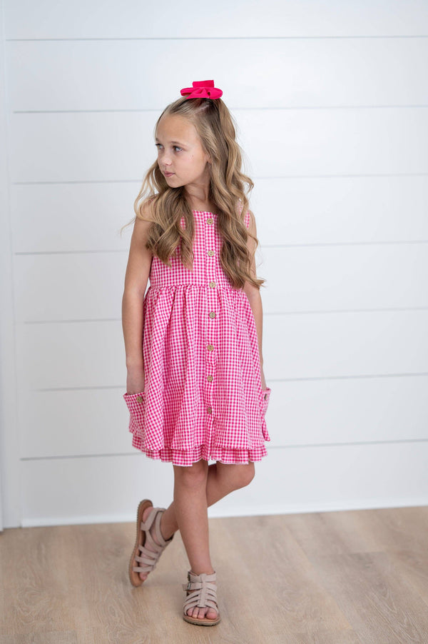 Girls Brooke Hot Pink Gingham Check Pocket Spring Dress