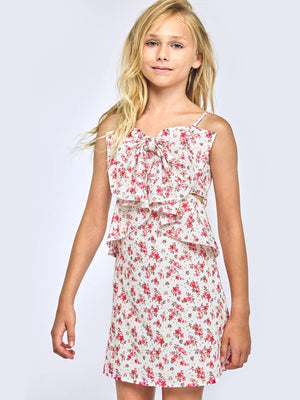 FLORAL PRINT DRESS W/ BOW & WAIST CUTOUT