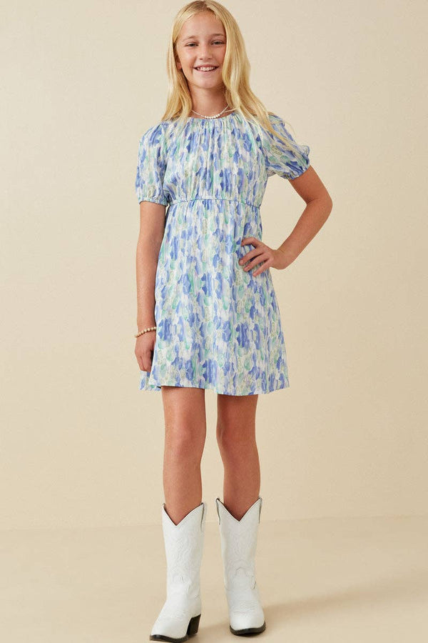 Girls Watercolor Floral Puff Sleeve Dress