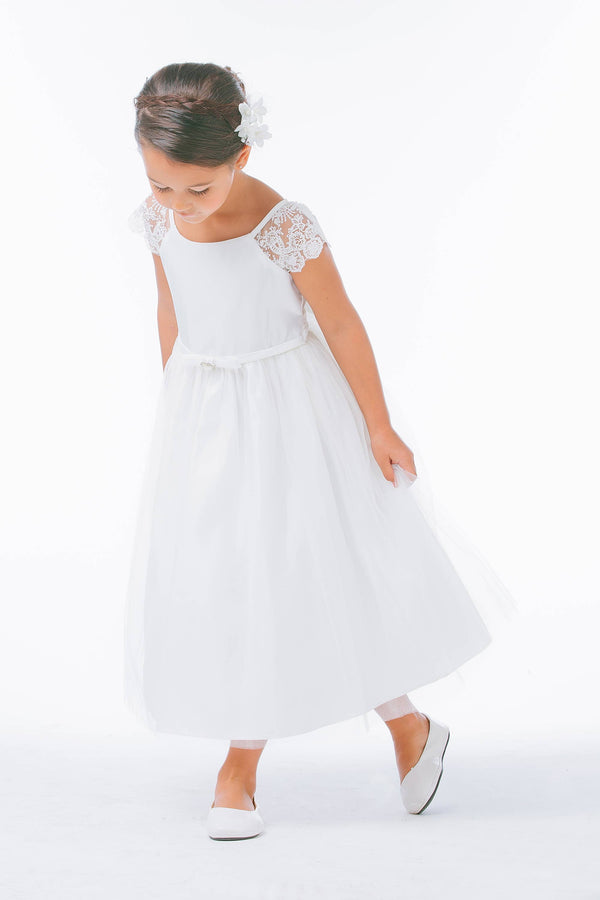 lace sleeve satin & tulle with pearl brooch