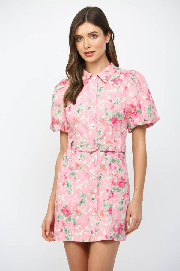 FLORAL PRINT BELTED  BUTTON DOWN MINI DRESS