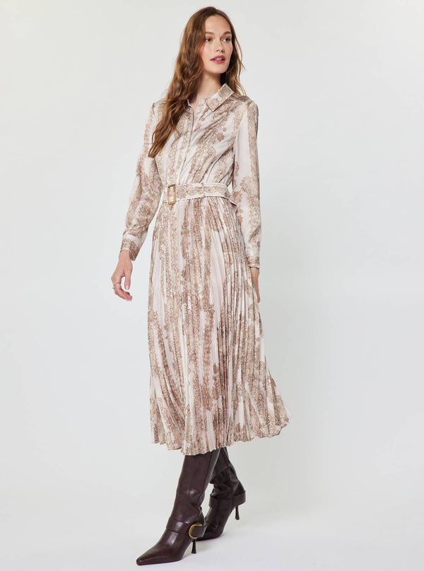 Floral Lace Pleated Midi Shirt Dress