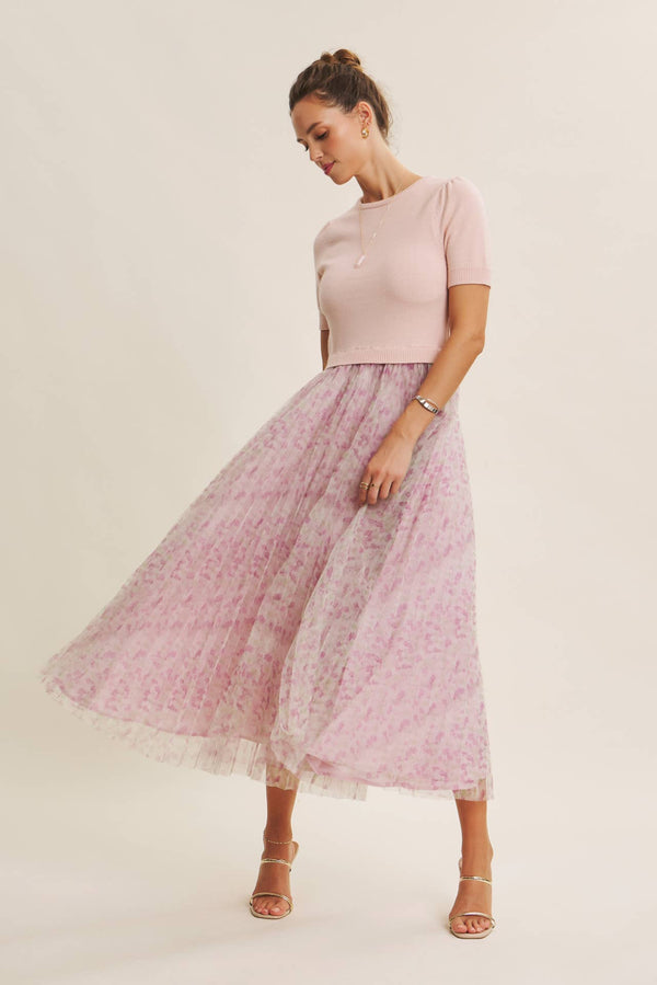 FIELD OF PLEATED WILDFLOWERS SWEATER TWOFER MIDI DRESS