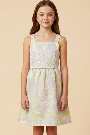 Girls Floral Jacquard Square Neck Sleeveless Dress