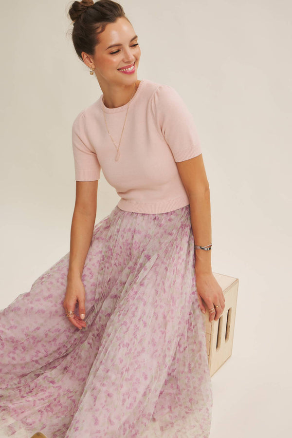 twofer midi dress FIELD OF PLEATED WILDFLOWERS SWEATER TWOFER MIDI DRESS M / PINK/LILAC