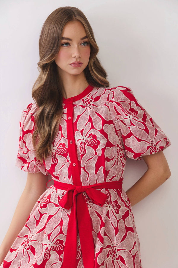 Floral Eyelet Pattern Button Front Mini Dress