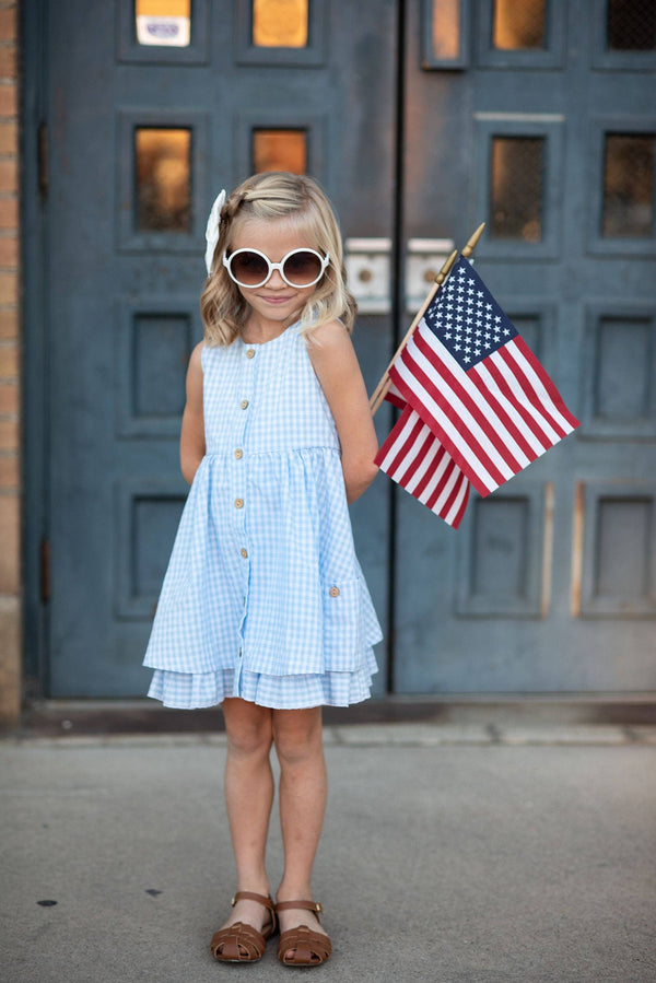 Girls Blue & White Gingham Check Pocket Ruffle Spring Dress