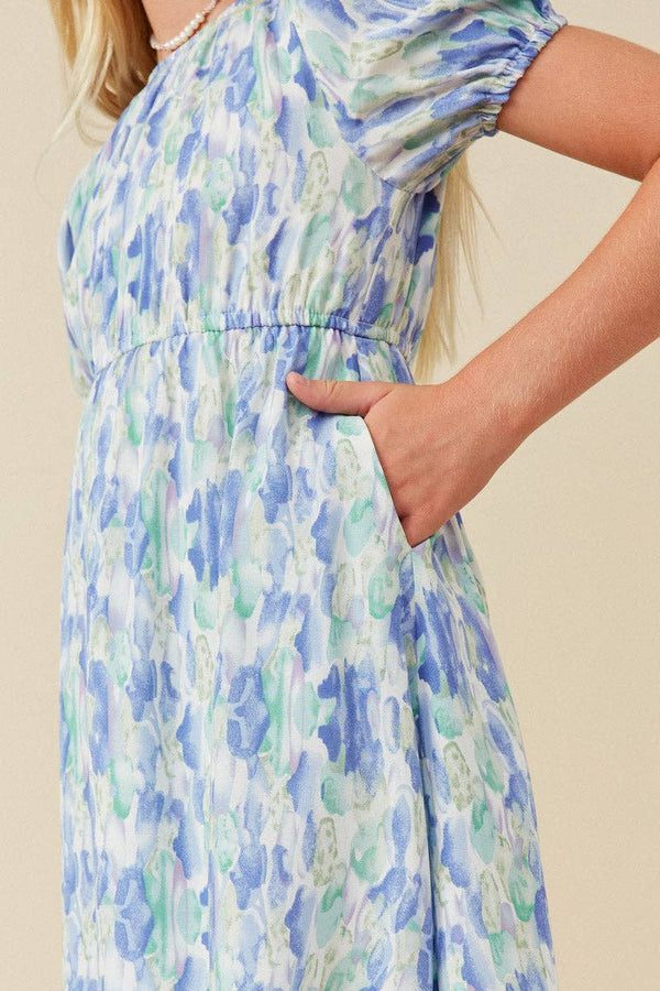 Girls Watercolor Floral Puff Sleeve Dress