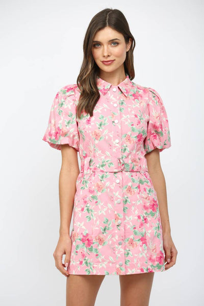 FLORAL PRINT BELTED  BUTTON DOWN MINI DRESS