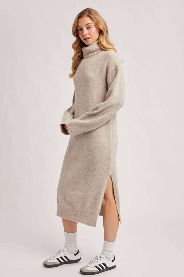 TURTLENECK SIDE SLIT KNIT SWEATER MIDI DRESS